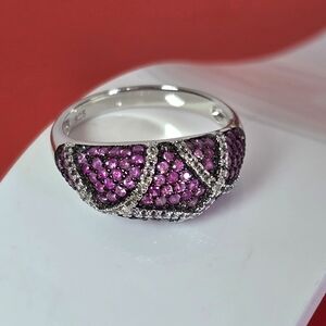 925 Sterling Silver Ring Sz 8 with Myanmar Ruby & White Topaz Gemstones